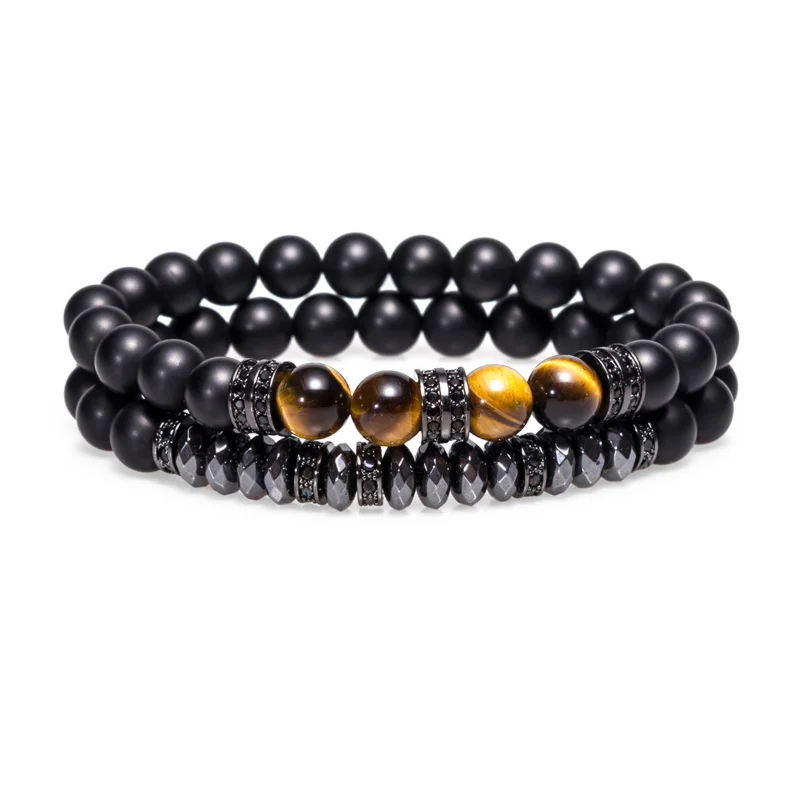 

New arrive Men Woman Nature tiger eyes Bead Bracelet Micro Pave CZ Round Stopper Beaded Black Hematite Bangle Buddha Bracelet