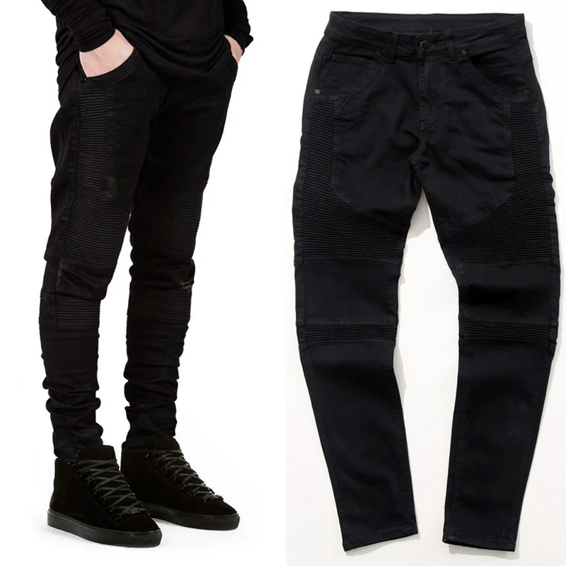 2015 Hi Street Mens Biker Jeans Motorcycle Slim Fit Washed Black Moto Denim Pants Joggers For