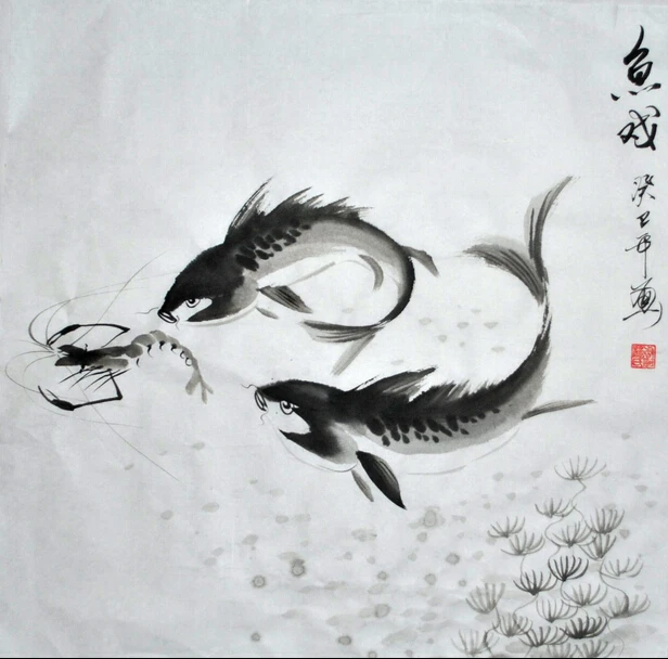 Chinese art Qi Baishi pure spike fish goldfish peony flowers