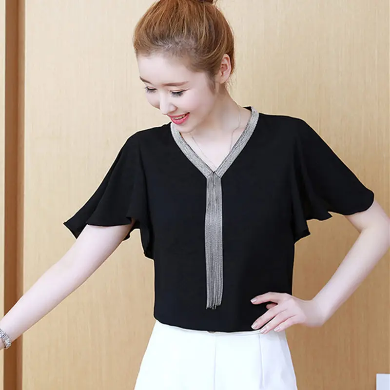 2022 Summer Korean  Fashion White  Chiffon Blouse Women 