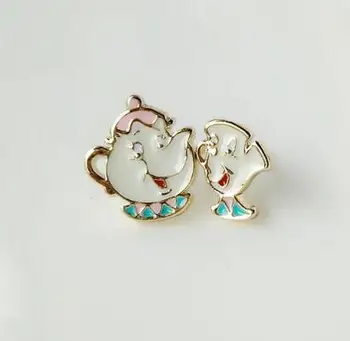 

12 pairs Alloy Enamel Lovely Cartoon Beauty And The Beast Earrings Cosplay Jewelry Famous Movie Cups Stud Earring Kids Ear Studs
