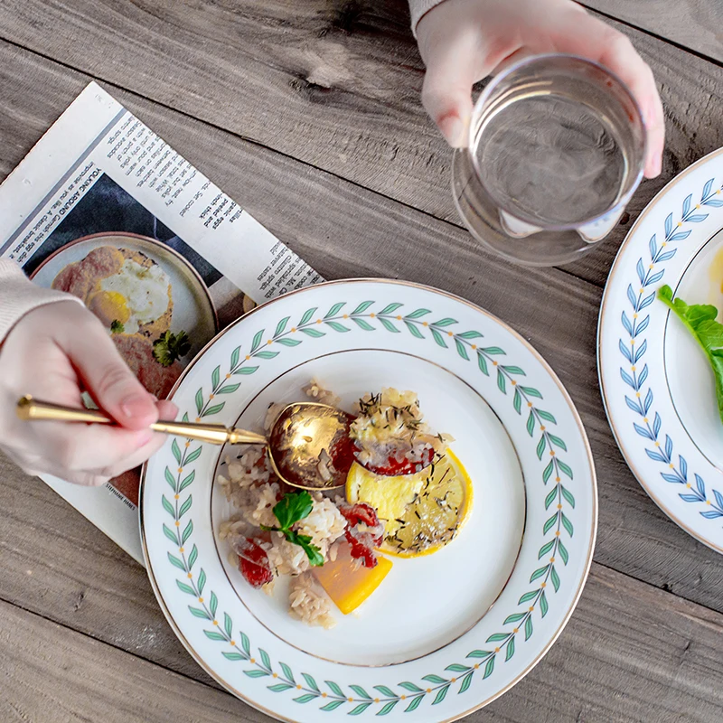 

Ins net red retro Phnom Penh leaf pattern ceramic dish Chinese dish dessert breakfast Western steak plate Q44
