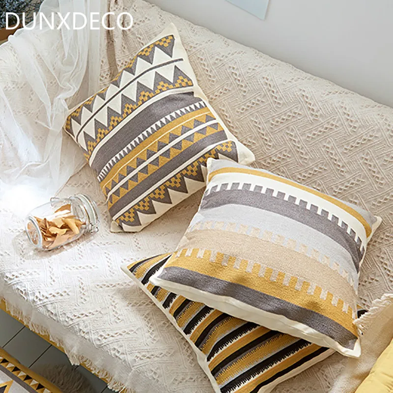 

DUNXDECO Cushion Cover Decorative Pillow Case Modern Simple Geometric Gray Yellow Line Architecture Art Design Housse de coussin