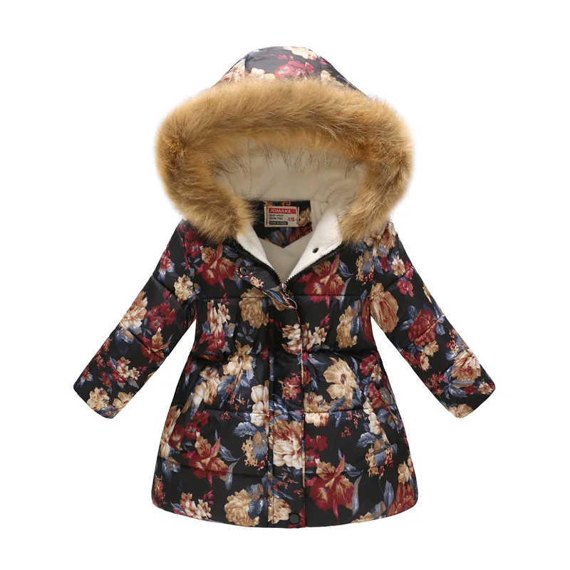 Леопардовая пуховая куртка для маленьких девочек зимняя детская верхняя одежда из флиса длинное пальто с капюшоном для девочек Детская накидка с цветочным принтом - Цвет: C4
