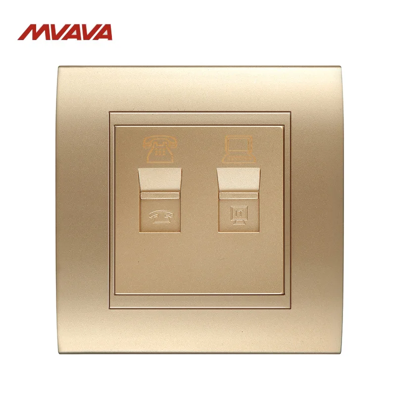 

MVAVA RJ45 PC Network + RJ11 TEL Socket Luxury PC Gold Panel Plug Port Universal Phone and Computer Wall Outlet Free Shipping