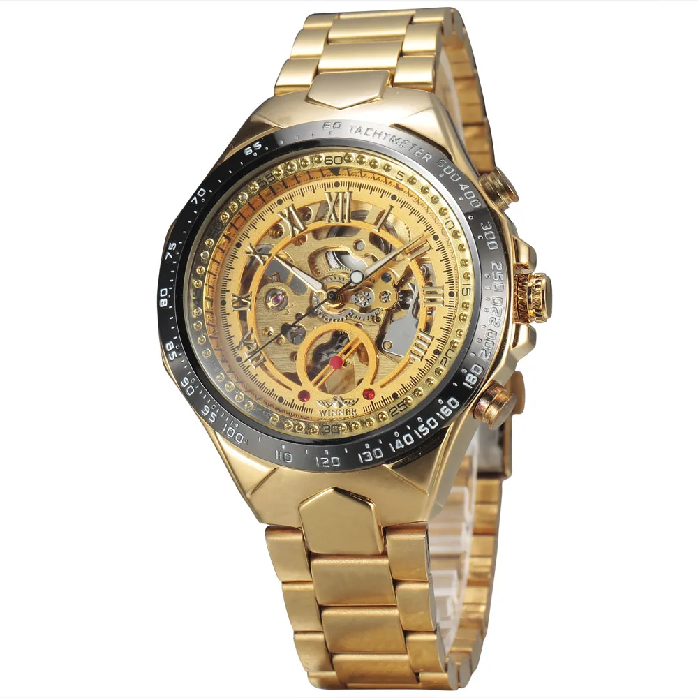 WINNER Топ Бренд роскошные золотые мужские s часы мужские повседневные часы полностью стальные автоматические механические часы спортивные военные часы подарок - Цвет: W18905