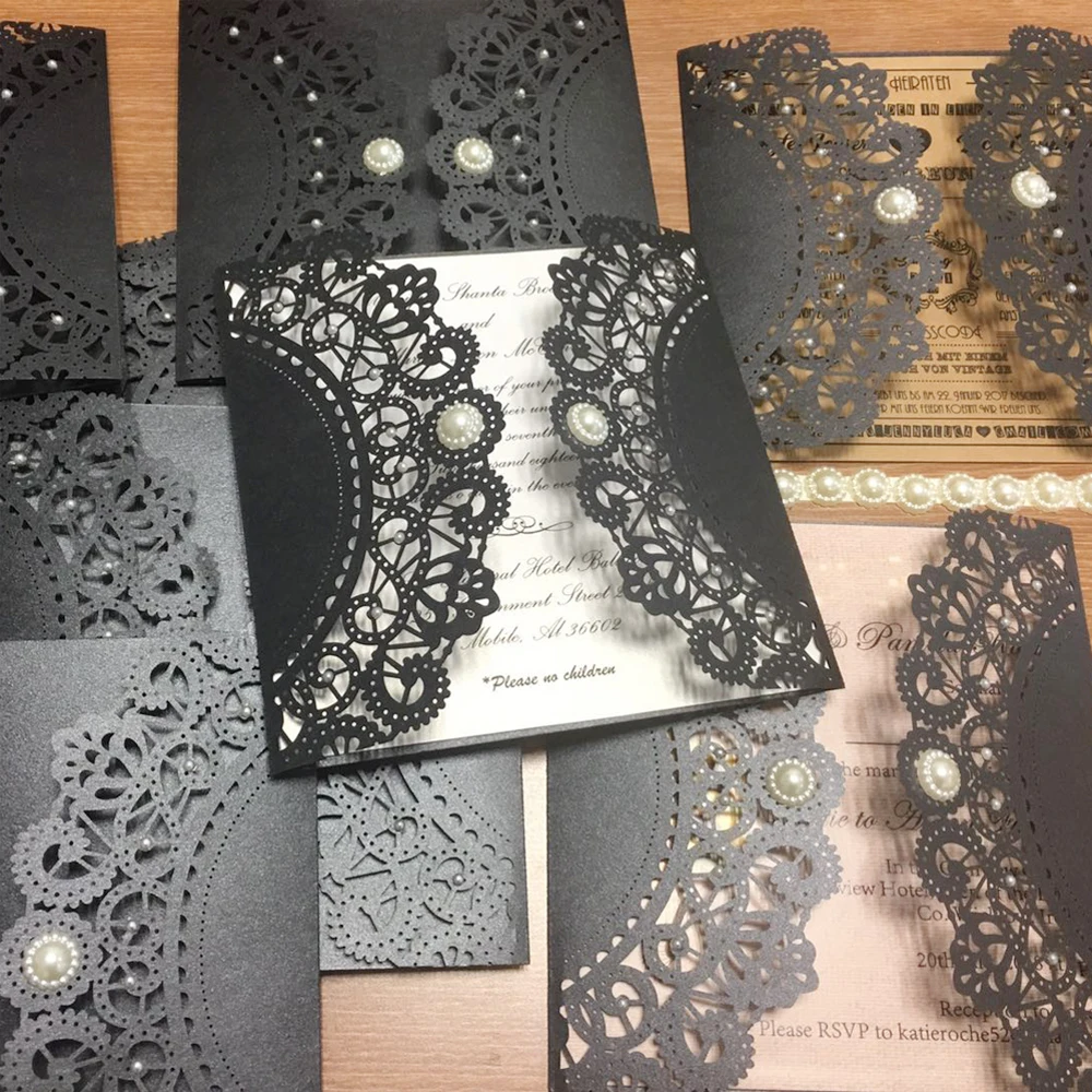  Laser Cutting Invitations Black Wedding Invitation With Customized Wording - Set of 50 - 32863454569