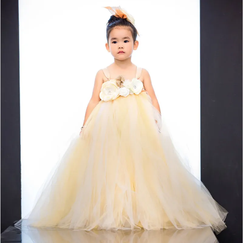

Top quality Fashion Flower Children Girl Dresses Champagne color Flower 2-12Year Cute Draped Ball Gown Wedding party kids Party