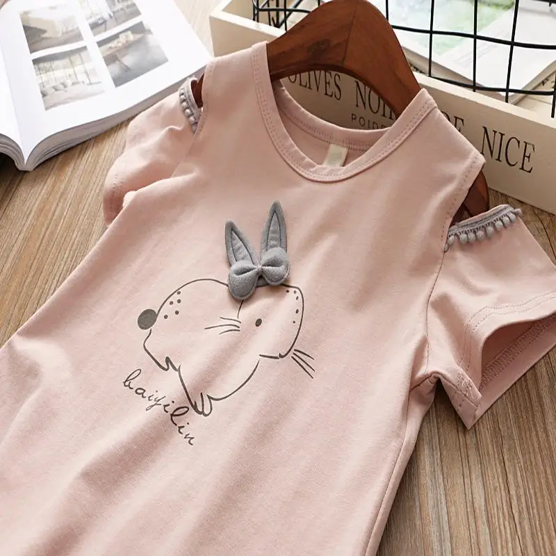 Новая летняя одежда для девочек, футболка с короткими рукавами и рисунком кролика, пышная юбка, детские костюмы из 2 предметов, комплект одежды для детей 3, 4, 5, 6, 7, 8 лет