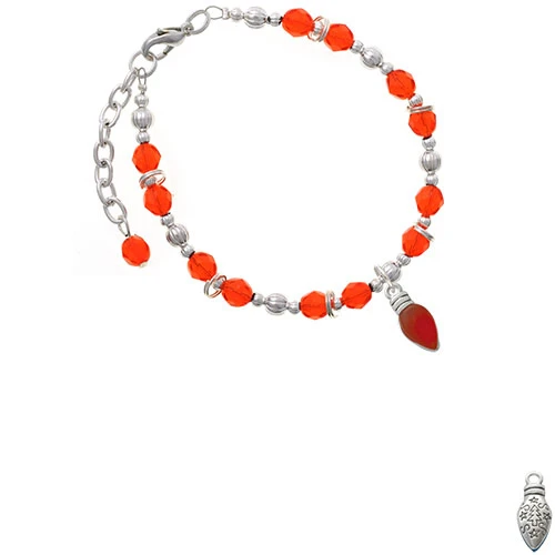 Silvertone Christmas Lights - Red Resin Orange Beaded Bracelet