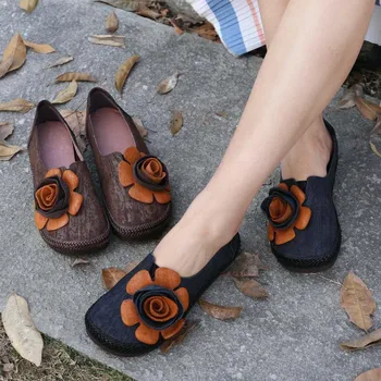 

women 2019 genuine leather low heel slip on driving shoes female flower spadrilles moccasins toe loafers espadrillas 821