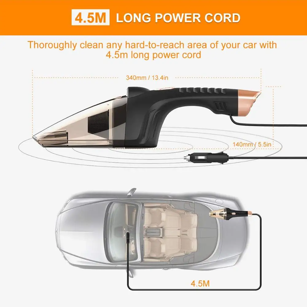 HF2002 автомобильный пылесос 106W 4800Pa мокрой и сухой Портативный ручной 16.4FT(5 M) Мощность шнур с сумкой для переноски авто светильник вес очиститель