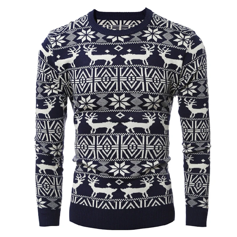 Зимний Рождественский свитер, мужской модный джемпер с принтом оленя, пуловер, свитер с длинным рукавом, теплый повседневный вязаный свитер с оленем, топы на год - Color: Navy blue