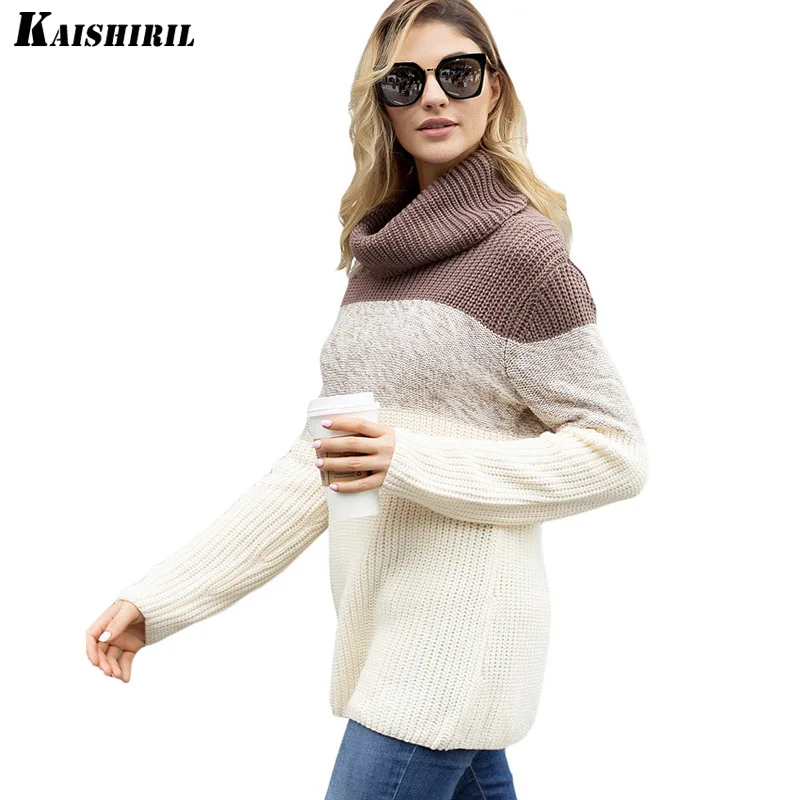 

2018 Autumn Knitted Women Sweater Pullover Long Sleeve Sweaters Women Winter Warm Turtleneck Wool Jumper Patchwork Female Tops