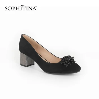

SOPHITINA Large Size 36-44 Women's Pumps High Square Heels Kid Suede Round Toe Lady Shoes Fashion Flower Decoration Pumps MC03