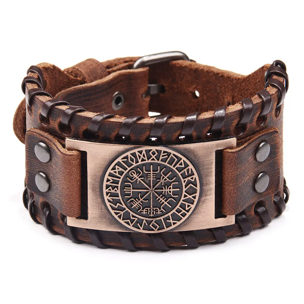 Пользовательский Винтажный стиль викингов символ тиснением мужской браслет из натуральной кожи с металлической пряжкой Регулируемый - Окраска металла: Brown