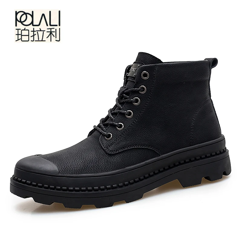 POLALI/зимние кожаные мужские ботинки; повседневные ботинки для работы; Мужская зимняя обувь; мужские зимние кожаные ботильоны на резиновой подошве; размеры 38-47 - Цвет: 1218black