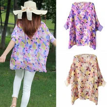New 2017 Summer Loose Smock Round neck Chiffon Blouses Slim Women Chiffon Blouse Wear Floral Printing shirt Women Bat sleeves hotpink crew neck bat sleeves splited back blouse