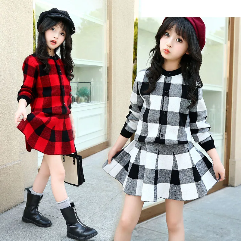 

Christmas big girls clothing sets autumn 2018 girls clothes plaid knitwear sweater + knit skirt kids clothes set girl tracksuit