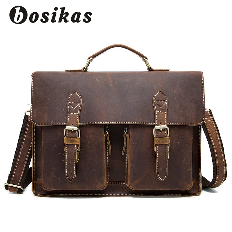 

BOSIKAS Men Bags Crazy Horse Leather Casual Briefcase Portfolio Genuine Leather Man Business Bag Messenger Shoulder Zipper Bags