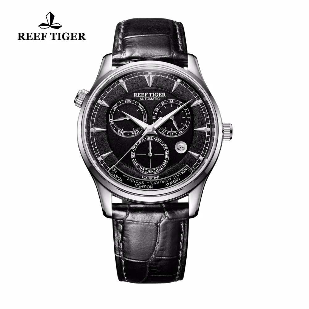 

Reef Tiger/RT Mens Automatic Watches Steel Genuine Leather Strap Watch Date Day World Time Watches RGA1951