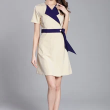 Лето тонкий крой короткий рукав контрастный воротник медсестры униформа красота спа-уход за кожей Рабочая Униформа пояс регулируемый