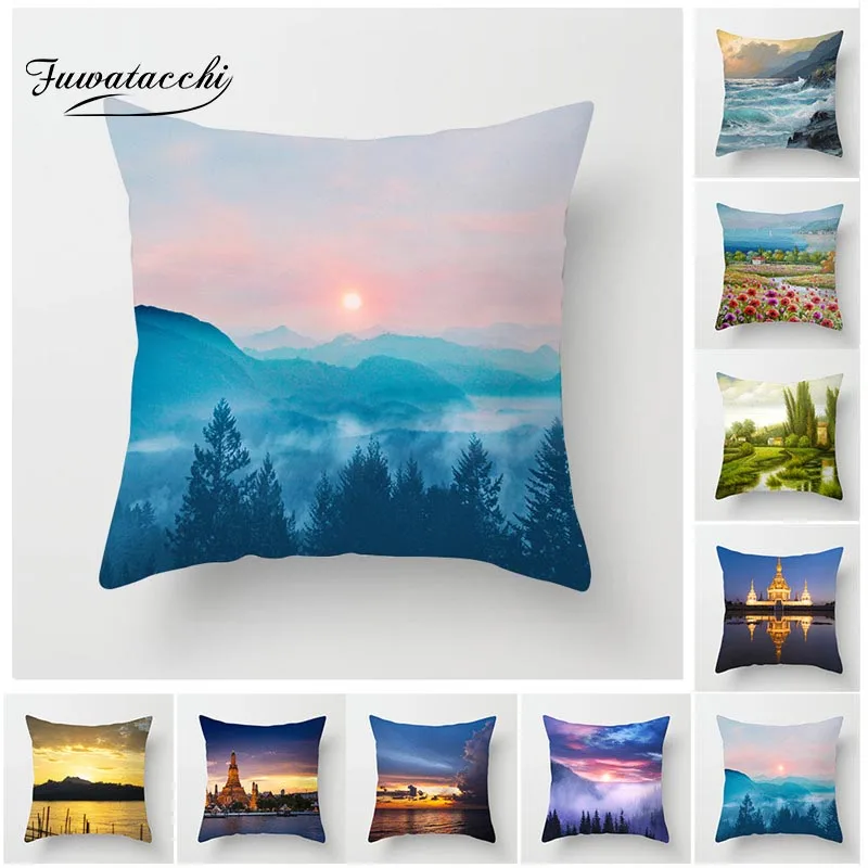 

Fuwatacchi Scenic Style Cushion Cover Mountain Peak Fireworks Building Throw Pillows Cover Car Home Sofa Decorative Pillowcase