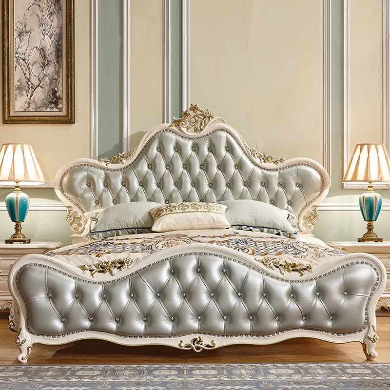 Luxury European and American style French Solid Wood Wedding Bed, Leather Bed With Beside Tables Luxury European and American style French Solid Wood Wedding Bed, Leather Bed With Beside Tables
