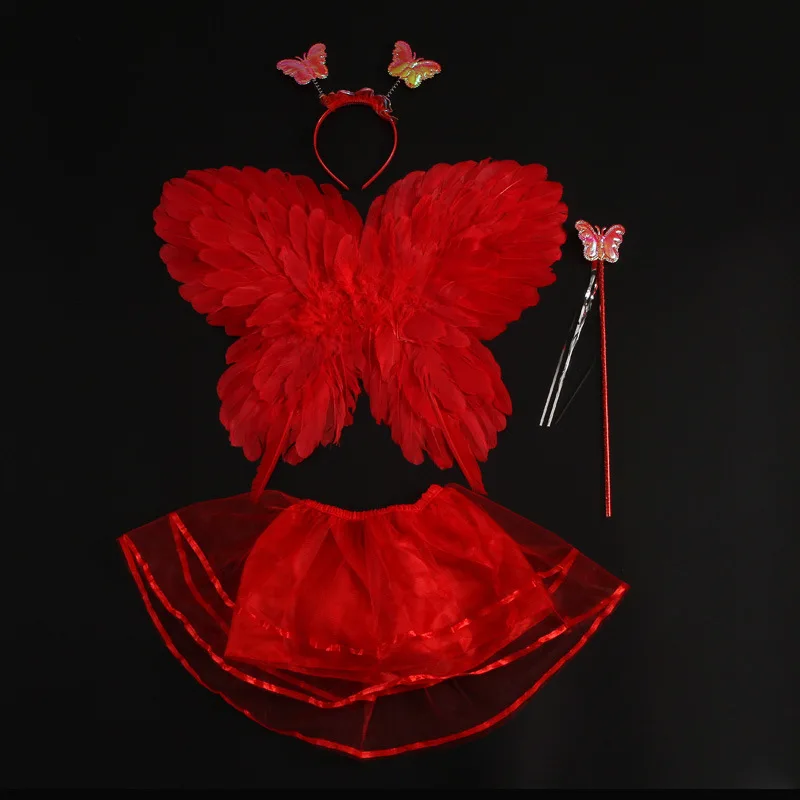 4pcs red Новинка; яркая детская одежда для девочек; Бабочка; перо; крыло; Фея Ангел с крыльями; юбка; волшебные палочки для косплея; повязка на голову; реквизит для дня рождения; navidad - Цвет: 4pcs red