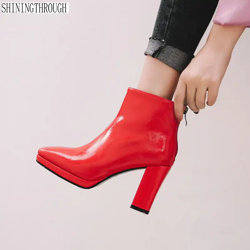 本革ハイヒールの靴女性のアンクルブーツセクシーなスクエアトゥパーティー結婚式クラブダンスシューズ女性黒 赤 白 アンクルブーツ Aliexpress