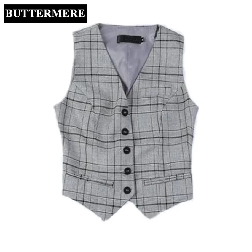 Women'S Vest Suit Ladies Plaid Vest Working Styles Coffee Spring Waistcoat Fashion V Neck Chalecos Mujer Short Gilet Femme