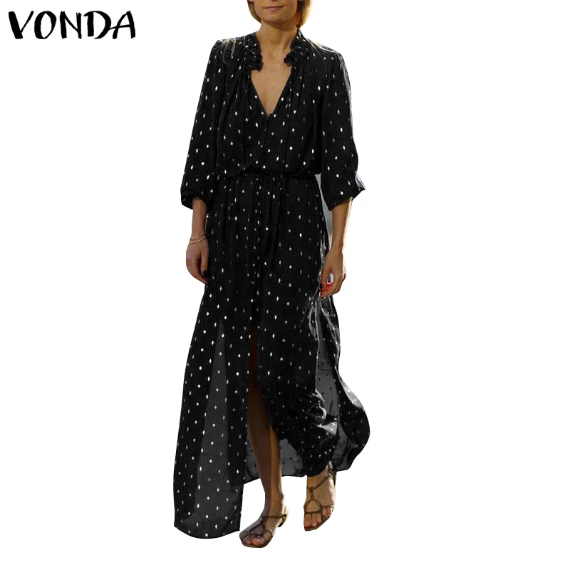 VONDA женские платья летнее платье с v-образным вырезом и принтом в горошек женские пляжные вечерние праздничные сарафаны Повседневные свободные однотонные платья Vestidos 5XL
