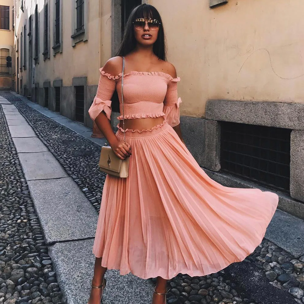 BKLD Solid Half Sleeve Off Shoulder Crop Top And Skirt Ruched Set 2018
