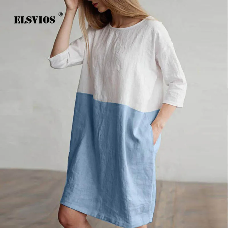 

ELSVIOS Women Summer Patchwork 1/2 Sleeved Cotton Linen Dress 2019 Elegant Casual o neck Loose Pockets Tunic dresses plus size