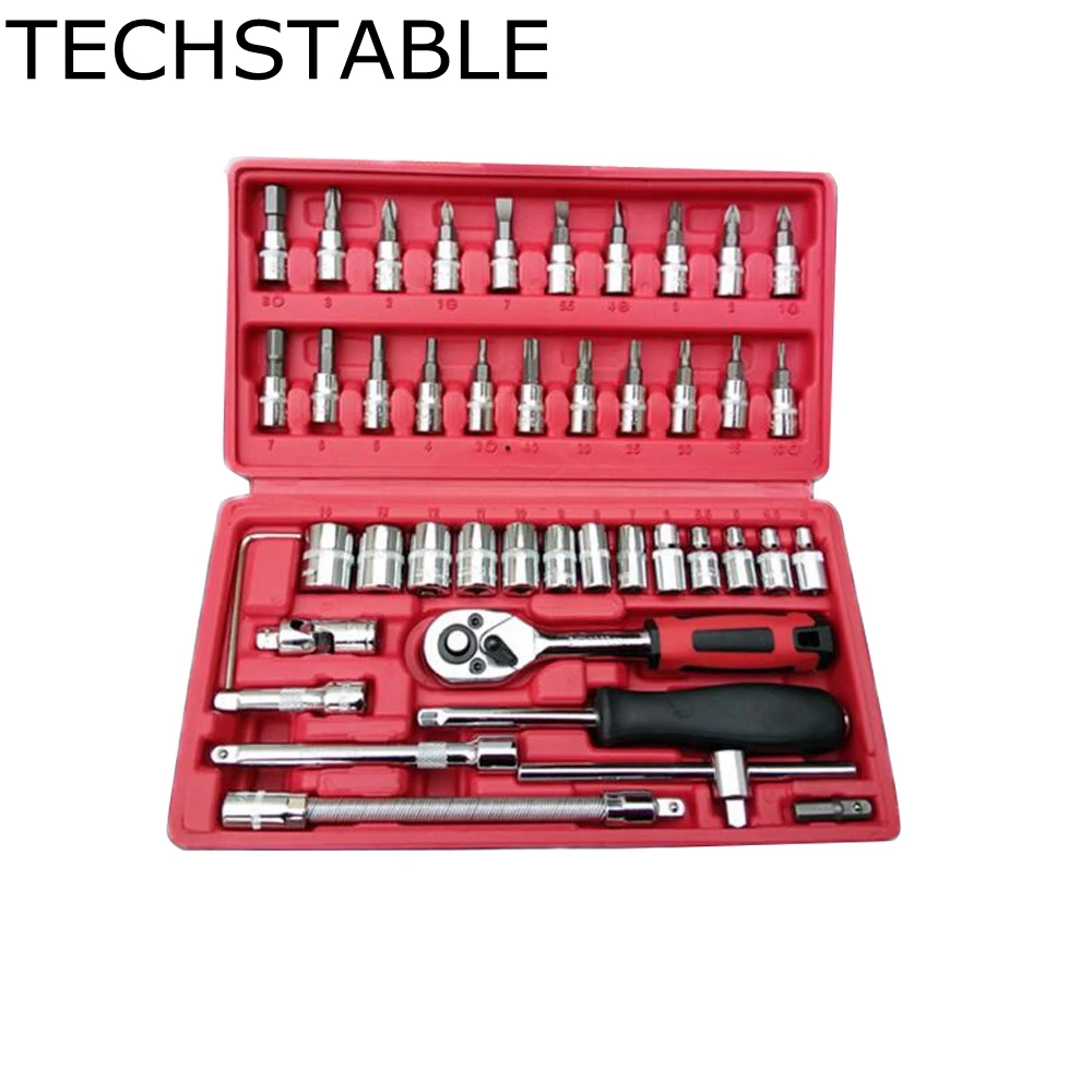 

TECHSTABLE 46pcs 1/4-Inch Socket Set Car Repair Tool Ratchet Set Torque Wrench Combination Bit a set of keys Chrome Vanadium