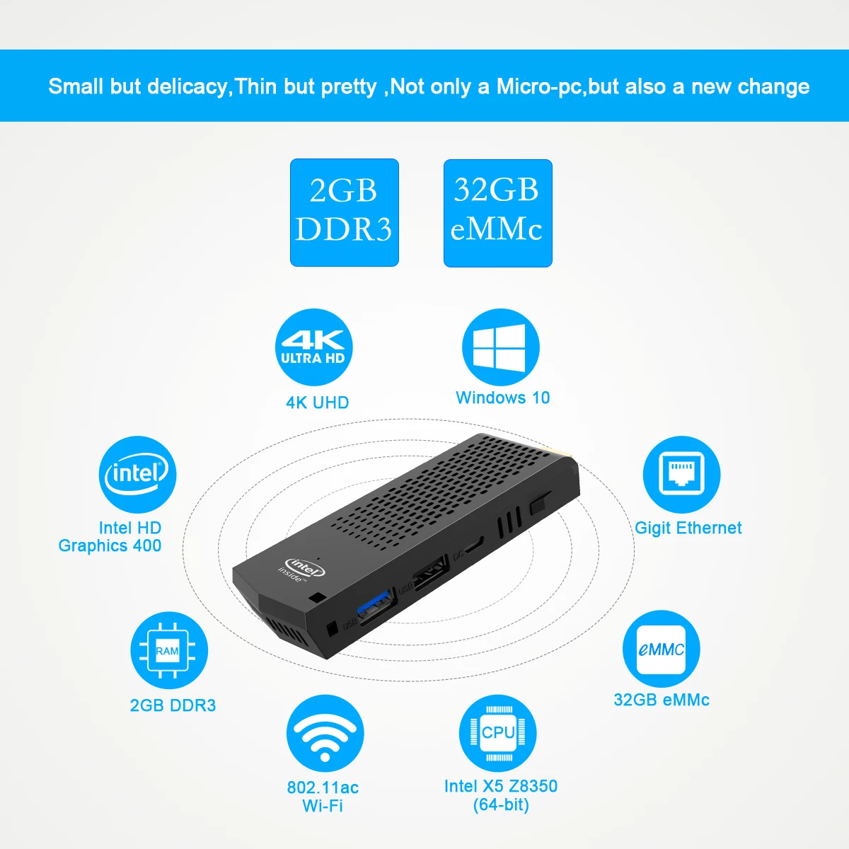 

T6 Mini Pc Windows 10 Mini Computer Stick Intel Atom Z8350 Mini Computer 2Gb/32Gb 4Gb/64Gb 2.4Ghz &5.8Ghz Wifi BT4.2 Stick PC