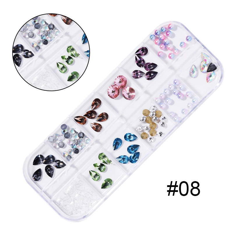12 сеток/коробка красочные хрустальные стразы для дизайна ногтей акриловые камни для ногтей плоские блестящие наконечники 3D украшения для ногтей - Цвет: pattern-14