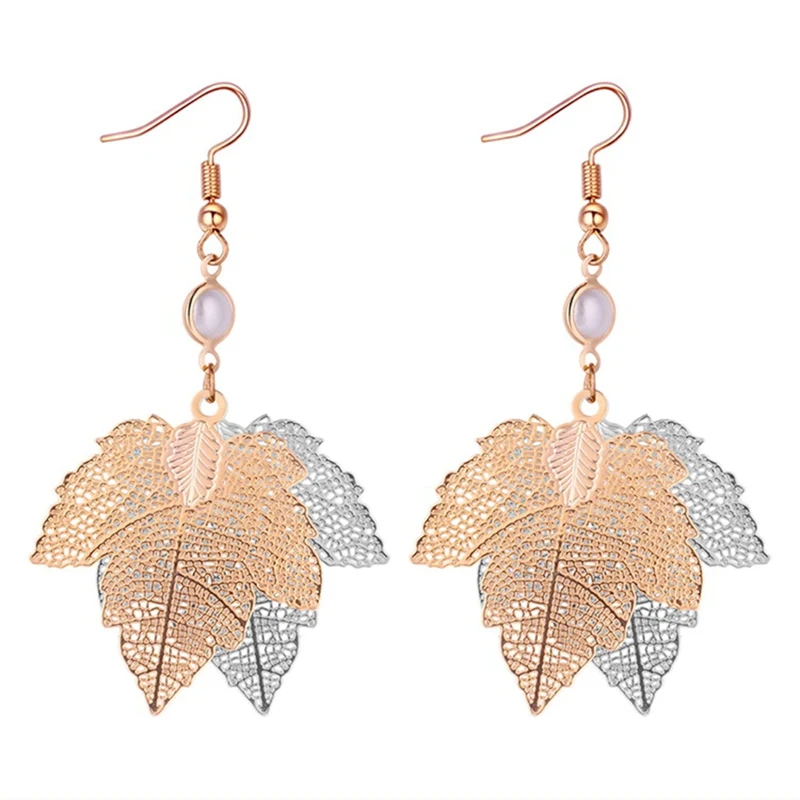 New Gold & Silver Hollow Out Maple Leaf Women Earrings Triple Leaves