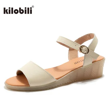

kilobili Summer New Women Sandals Cow Leather Flat Sandals Wedges Heel Elegan Open Toe Platform Sandalias Ladies Sandalias mujer