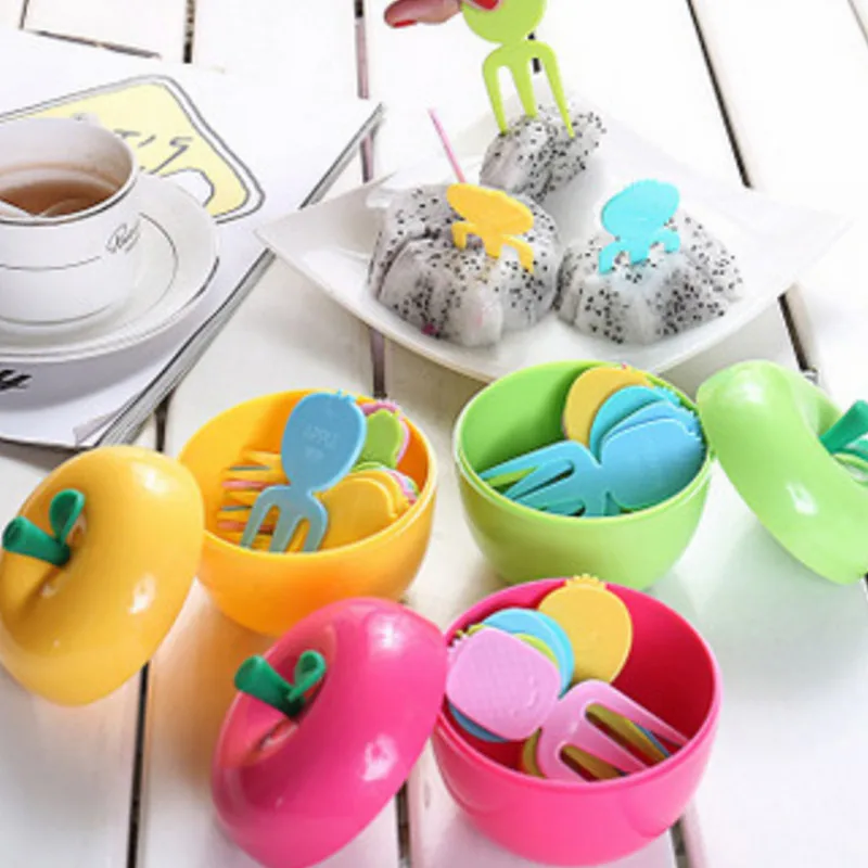 

1set(10PCS) Fruit Fork Reusable cute creative apple box Fruit Fork Tableware Multiple Use Snack Cake Dessert Forks For Party
