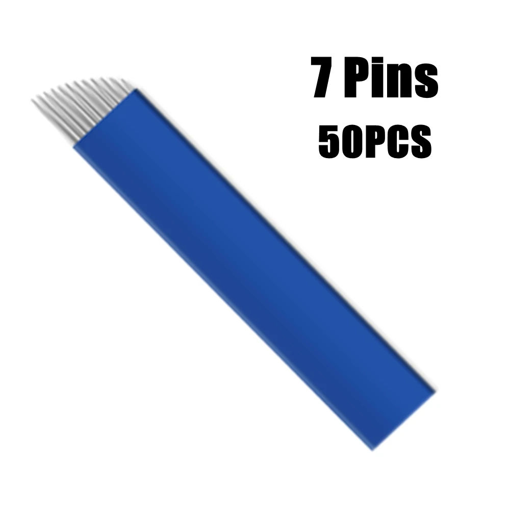 50 PCS Blue Microblading Needles 7 Pins Permanent Makeup Blades Manual