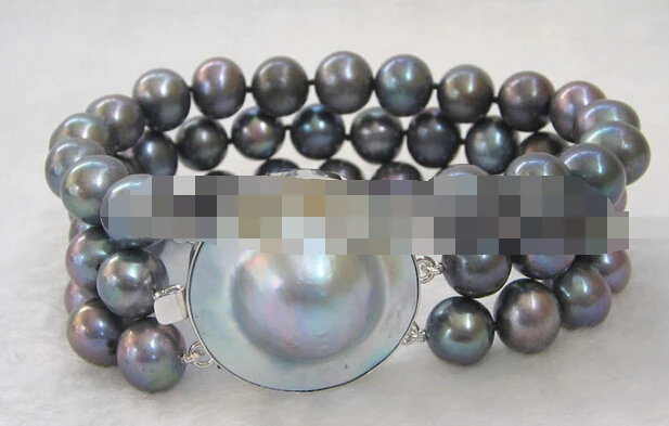 

free shipping 00880 3row black round freshwater pearl bracelet