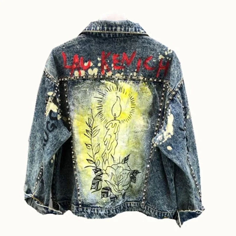 autumn diamond graffiti Denim Jacket For Women printed candle Jacket ...