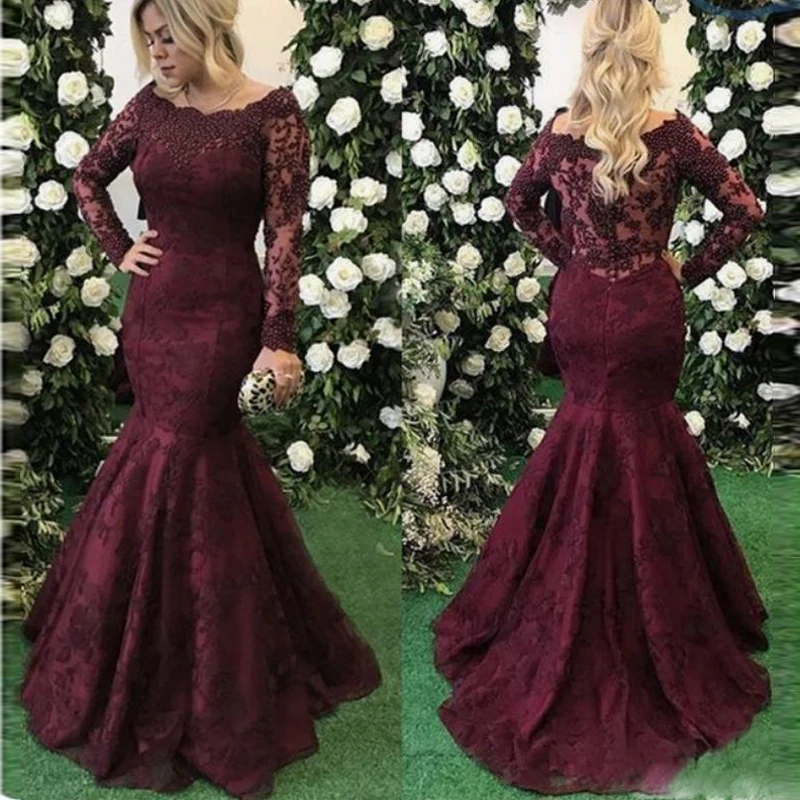 2019 Elegant Wine Red Prom Dresses V Neck Long Sleeves Tulle Floor Length Formal Dresses Evening Gowns 159