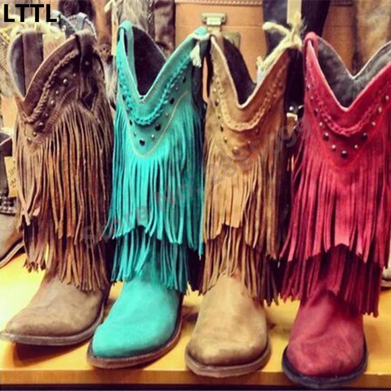 Women Winter Suede Colorful Ankle Boots Fringe Rivets Short Boots Square Heel Women Fashion Winter Tassel Boots Shoes