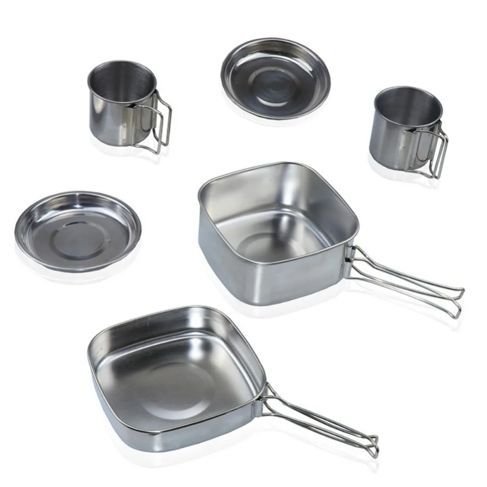 6 pieces Pot Camping Stainless Steel Cookware Hiking Picnic Set Bowl Tableware Portable 4 People Barbecue Combination | Спорт и