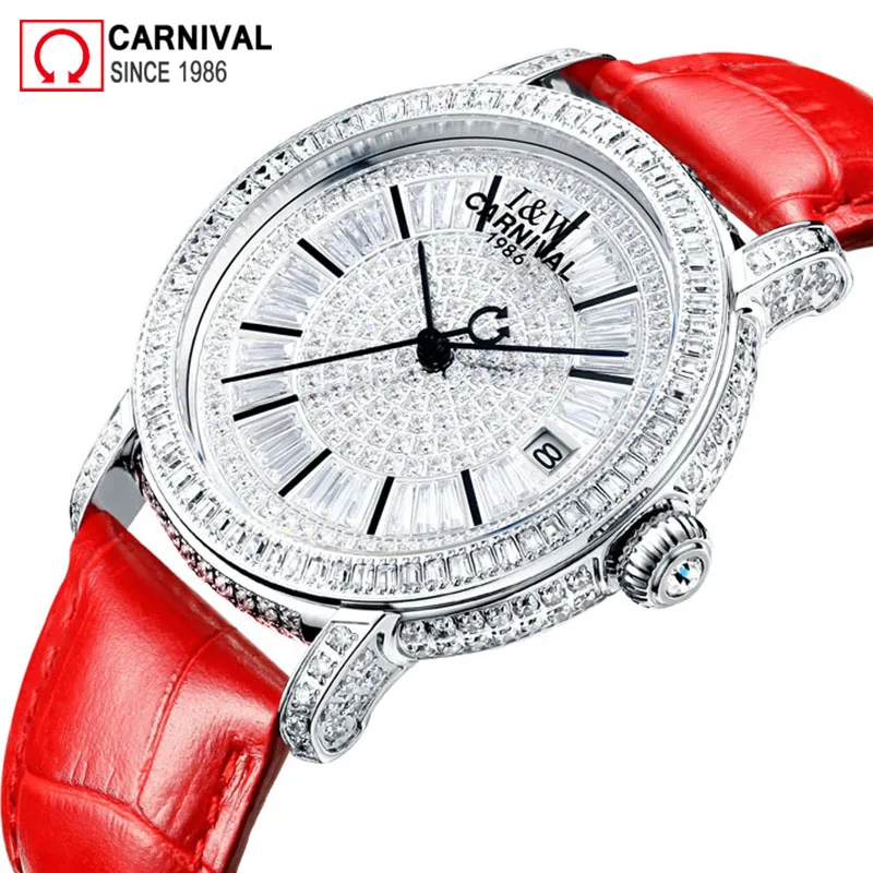 Carnival New Luxury Automatic Watch Women Genuine Leather Strap