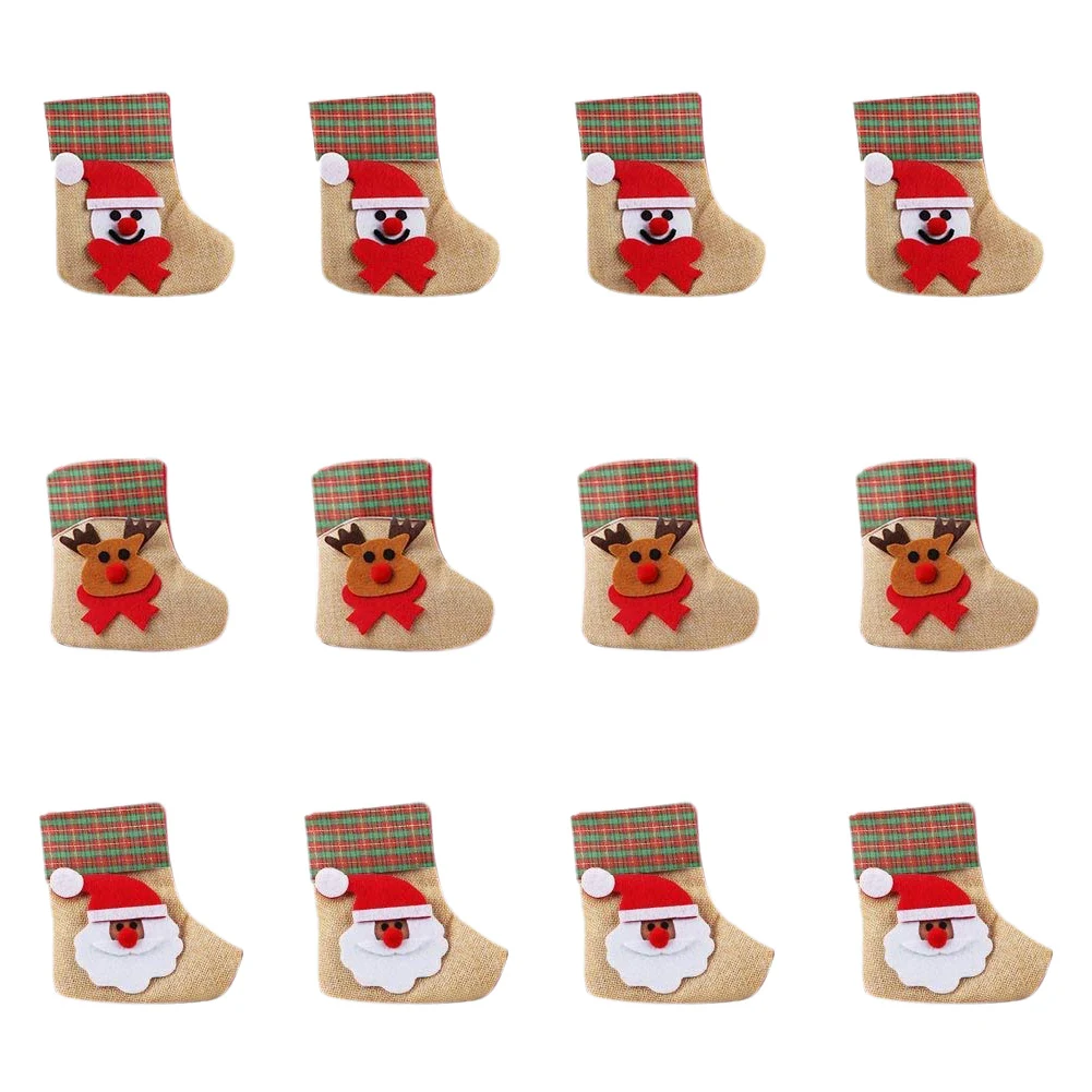 

12 pcs Mini Christmas Stocking Gift 3d Santa Claus Snowman Christmas reindeer in sock canvas Cutlery for Christmas decorations