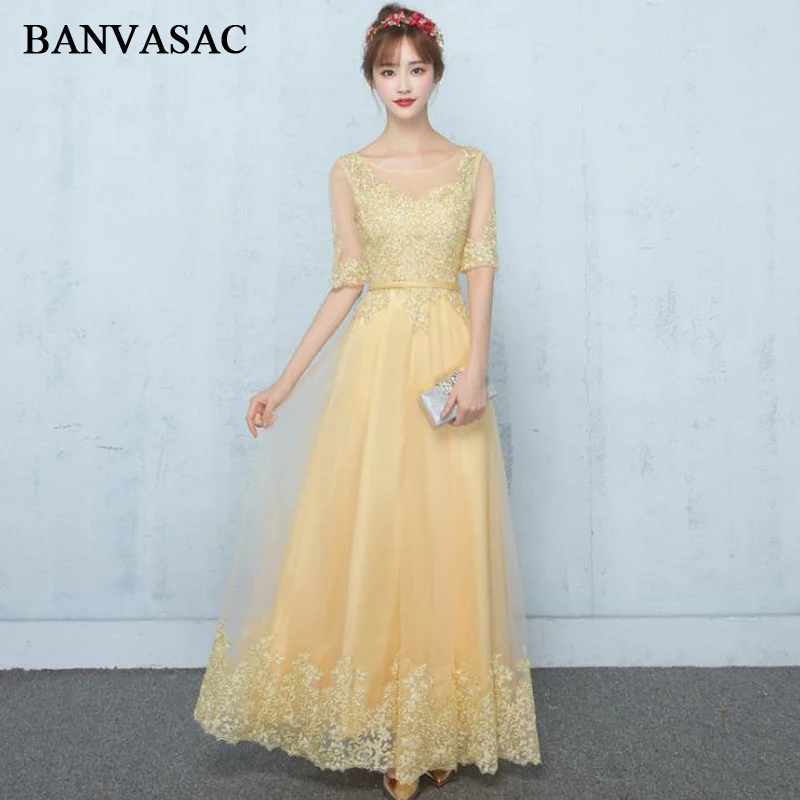 

BANVASAC 2018 A Line O Neck Gold Lace Appliques Long Evening Dresses Party Sash Illusion Half Sleeve Prom Gowns