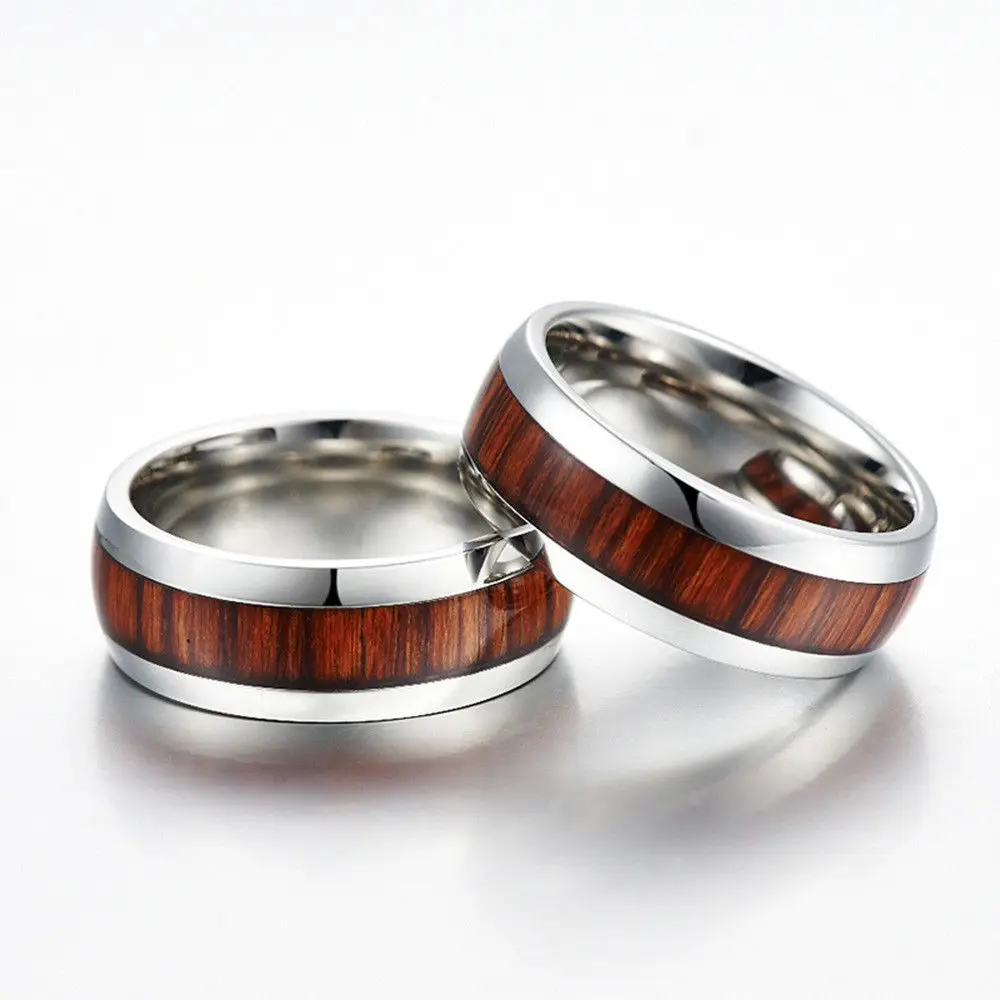 

OPPOHERE Fashion Men's Band Ring Tungsten Steel Wood Couple Stainless Steel Silver Black